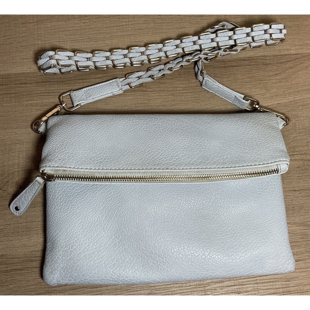 Street Level Foldovee Blue Chan Leather Crossbody With Woven Gold Link Strap